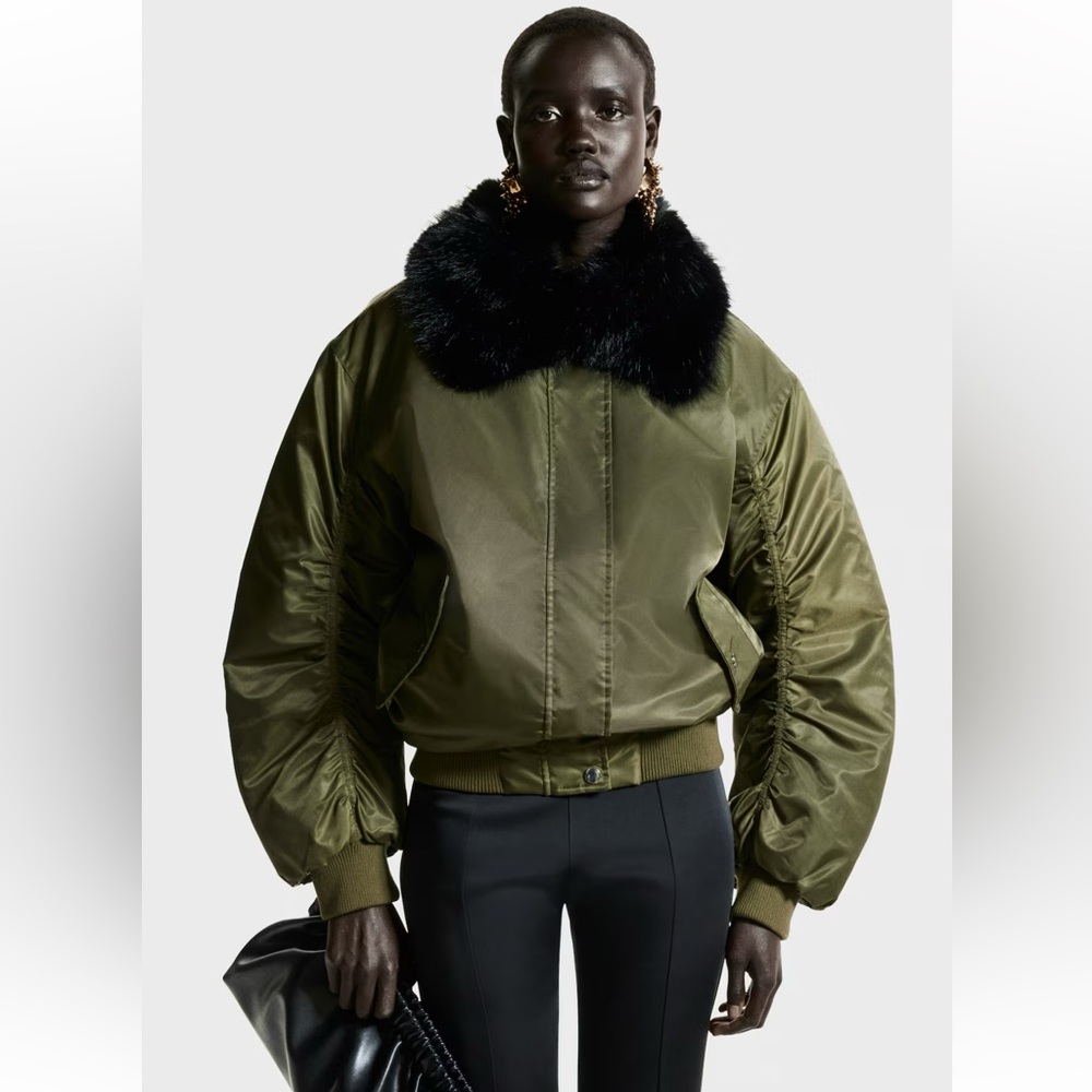 H&M Olive Green Puffer Jacket with Black Fur Collar